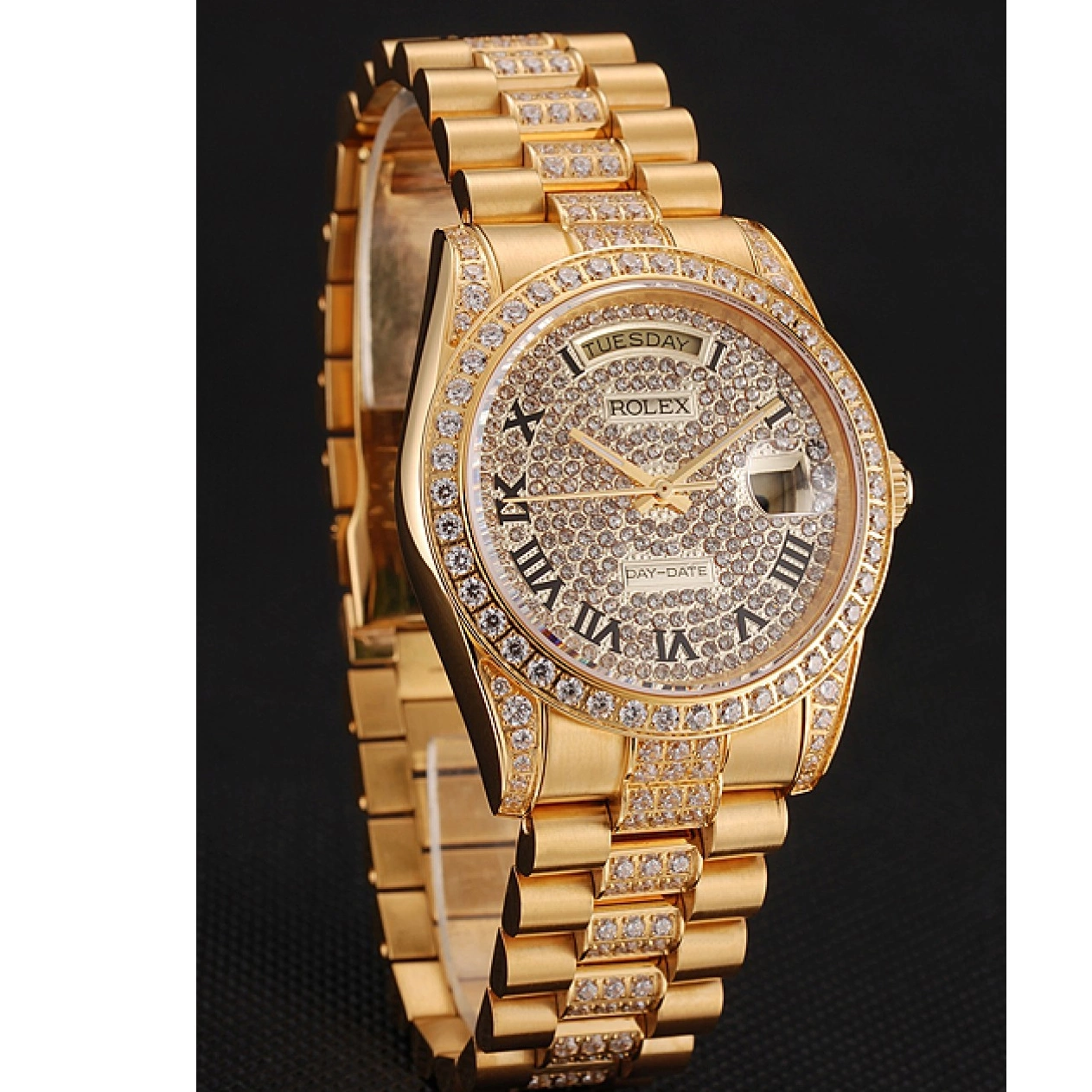 Aaa replica Swiss Diamond 1453956 Gold Bracelet Diamond Pave Day-Date Rolex Dial 0731